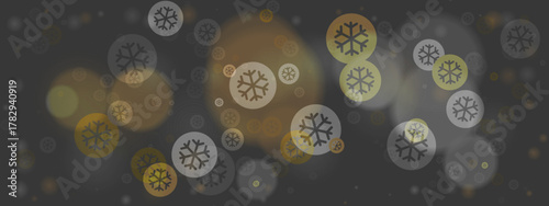 Abstract winter background with golden and white snowflake icons and soft bokeh lights on a dark grey backdrop, perfect for festive holiday designs.