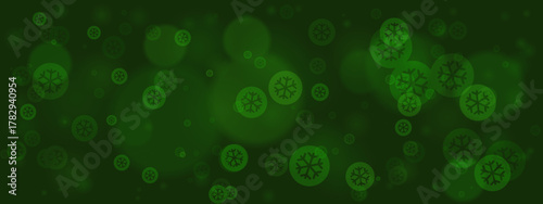 Abstract dark green background with blurred bokeh lights and subtle snowflake patterns, creating a festive winter holiday atmosphere.