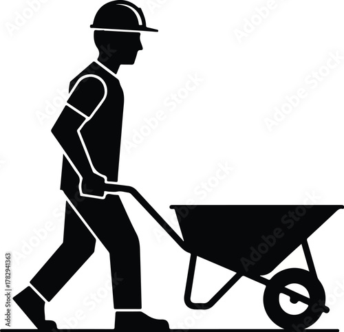 A construction worker in a hard hat pushing a wheelbarrow in a simple black silhouette against a clean white background.