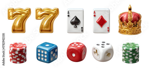 Golden Sevens and Playing Cards with Dice and Chips on Transparent Background