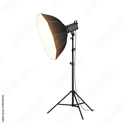 Studio photography light with a large reflector and a black stand