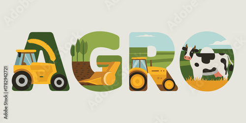Agriculture Word Concept with Farm Machinery, Cow and Hay Bales Graphic