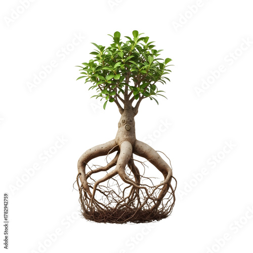 A miniature bonsai tree with exposed roots on black background