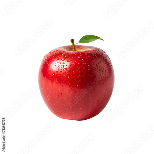 A single red apple with a green leaf against a black background