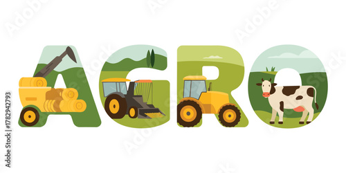AGRO Word Vector Illustration with Farming and Agriculture Elements