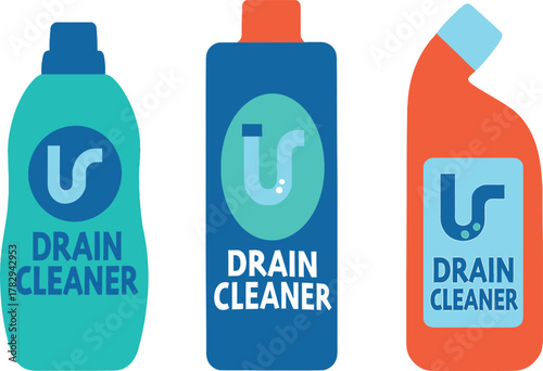Set of Three Cartoon Drain Cleaner Bottles in Different Shapes and Colors with a Pipe Icon