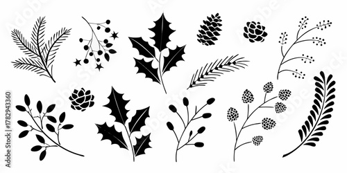 Collection of black silhouette winter holiday botanical elements including pine needles holly berries and pinecones