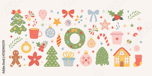 Charming christmas holiday elements collection featuring festive decorations and treats in a soft color palette