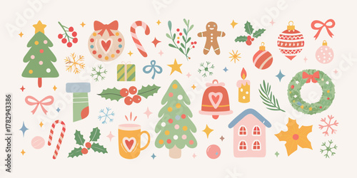 Charming collection of festive christmas icons and decorations in a whimsical style