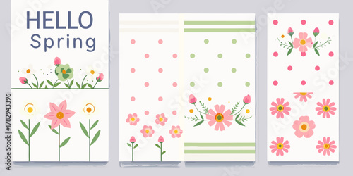 Collection of cheerful spring floral designs with text hello spring and polka dots