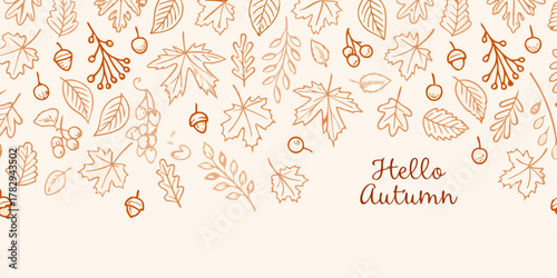 Hand drawn autumn leaves acorns and berries border with hello autumn text
