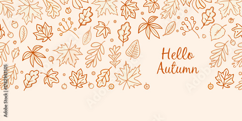 Hand drawn autumn leaves and berries border with hello autumn greeting