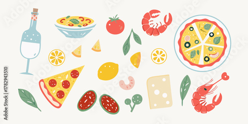 Whimsical flat illustration of italian food ingredients and seafood on a light background