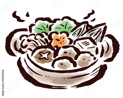 シンプルでかわいい寄せ鍋（ちゃんこ鍋）　筆タッチ手描きイラスト