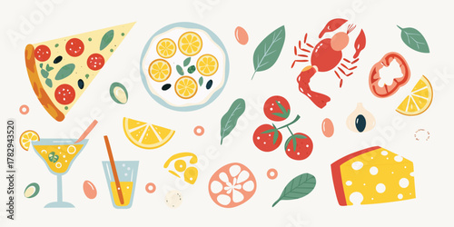 Tableau sur toile Vibrant flat design food illustration featuring pizza lobster cheese fruits and