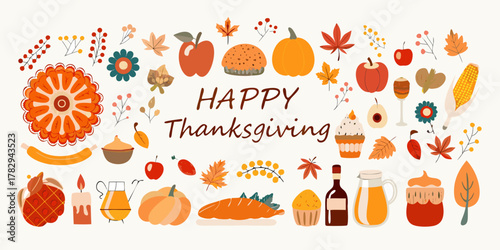 Happy thanksgiving decorative elements and food illustration with pumpkins apples pies and autumn leaves