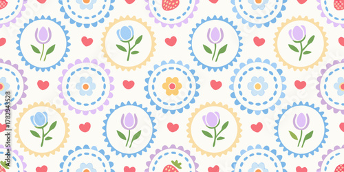 Charming seamless pattern with pastel flowers hearts and strawberries on a light background