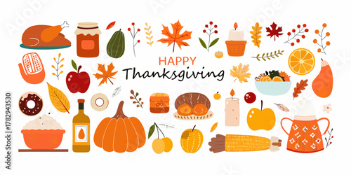 Happy thanksgiving illustration with festive autumn harvest food and fall leaves