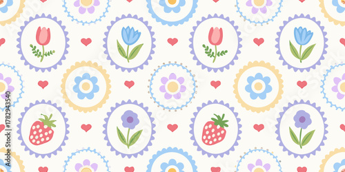 Charming seamless pattern with cute strawberries tulips and flowers in pastel colors and small hearts