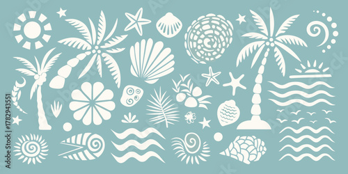 Collection of stylized white tropical beach and ocean elements on a muted blue background