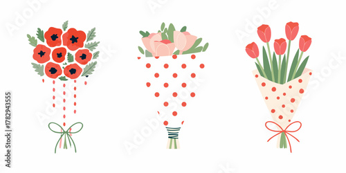 Three hand drawn floral bouquets featuring poppies tulips and roses in polka dot wrapping paper