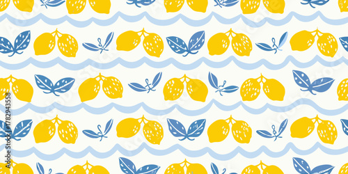 Whimsical yellow lemons and blue leaves pattern with gentle blue waves on white background