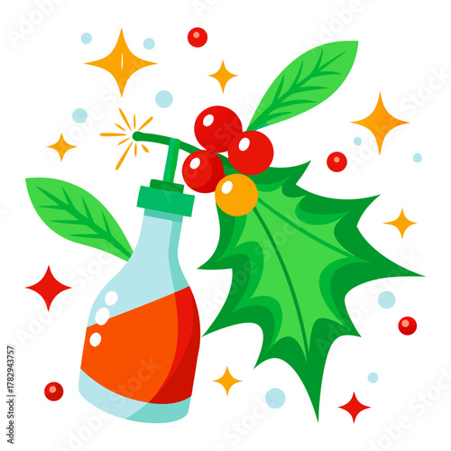 Holiday Season Sanitizer Bottle with Holly and Berries: Vector Design with Festive Sprinkles for Seasonal Cleanliness elements. 