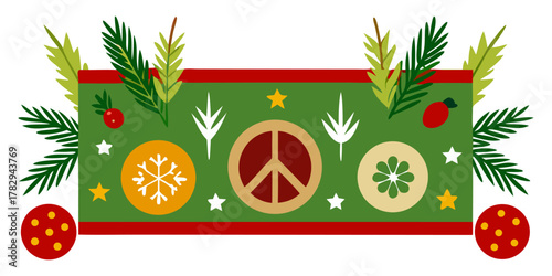 Festive Holiday Banner Illustration with Evergreen Sprigs, Berries, Snowflake, Peace Symbol, Stars, and Ornaments for Christmas Seasonal Celebrations and Greetings elements. 