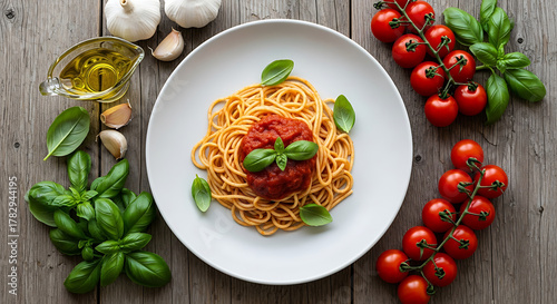 Spaghetti al Pomodoro Top View on White Plate with Garlic and Tomatoes Background
