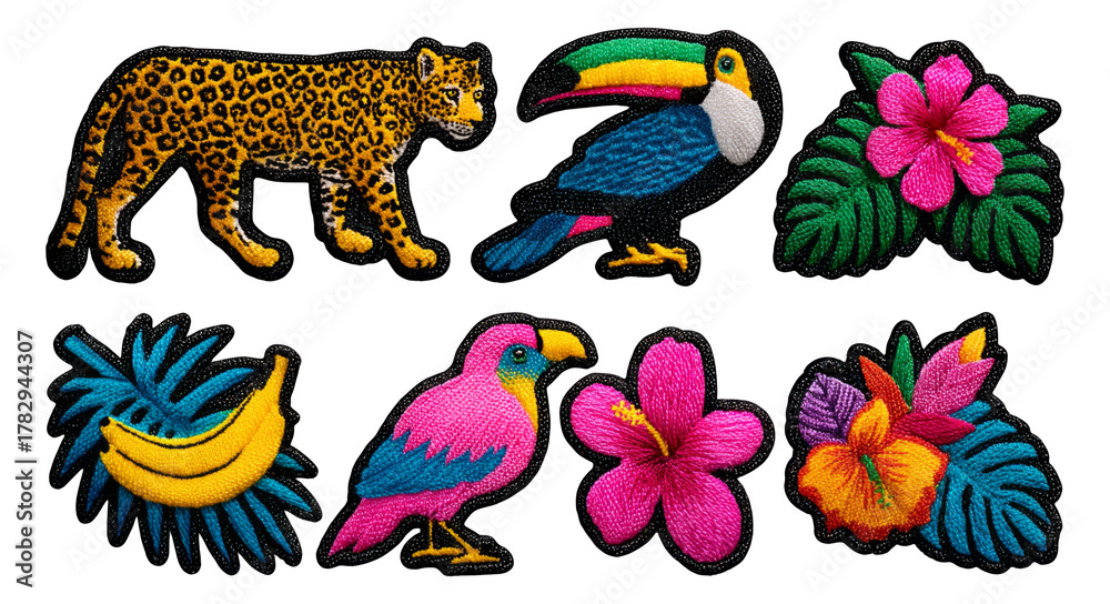 Fototapeta premium Vibrant Jungle Embroidered Patches Featuring Colorful Animals and Flowers