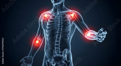 Medical illustration of the human body, with painful joints (shoulder, elbow, wrist) highlighted in red, representing orthopedic conditions, arthritis, pain, injury, medical diagnosis and health issue