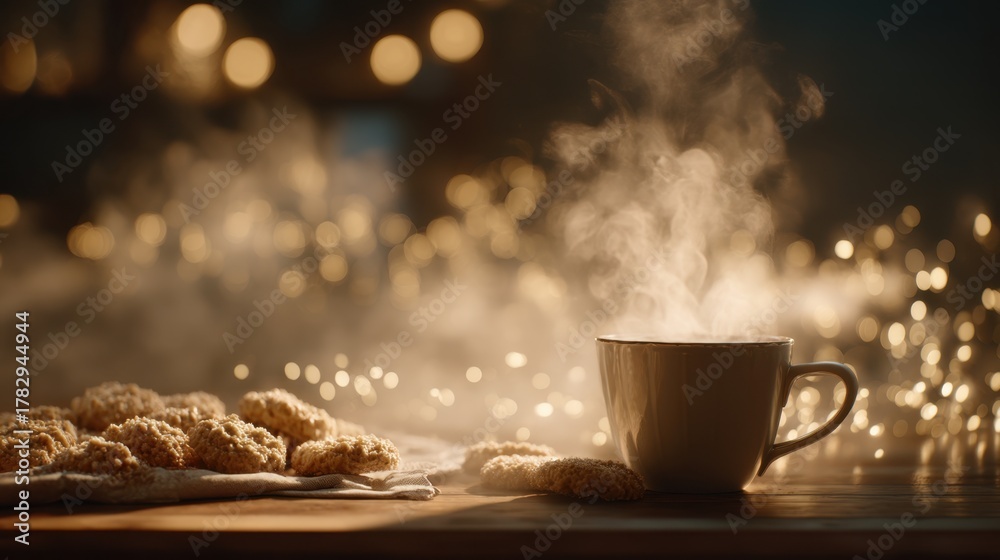 Fototapeta premium Cozy Evening with Fresh Cookies and Hot Beverage Surrounded by Soft Glow of Lights and Warm Ambience