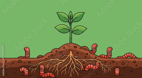 Vector illustration of a green plant sprout with roots in soil and earthworms.