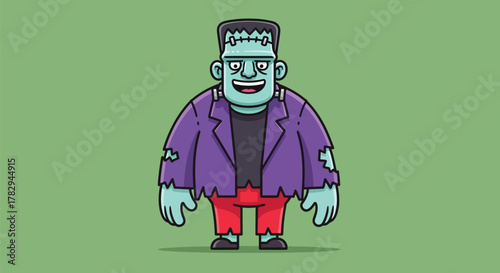 A cartoon illustration of Frankenstein's monster standing against a plain green background.