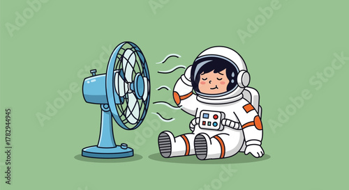 Cartoon astronaut sitting in front of a fan, looking hot and bothered on a green background.