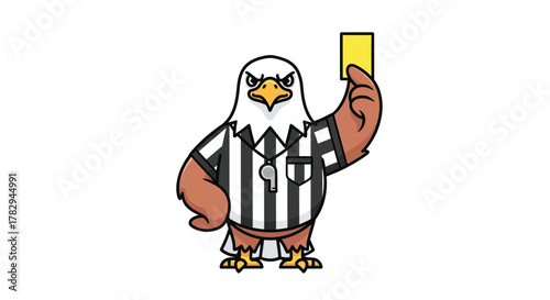A cartoon eagle dressed as a referee holding up a yellow card.