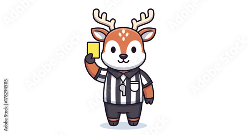 A cute cartoon deer dressed as a referee holding up a yellow card, standing on a white background.