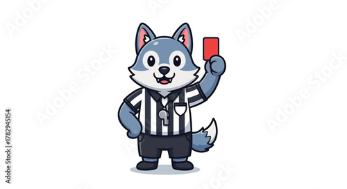 A cute cartoon wolf dressed as a soccer referee holding up a red penalty card.