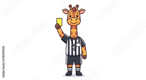 A cartoon giraffe dressed as a soccer referee holding up a yellow card.