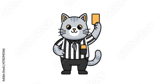 A cute cartoon grey tabby cat dressed as a soccer referee holding up a yellow card, standing on a white background.