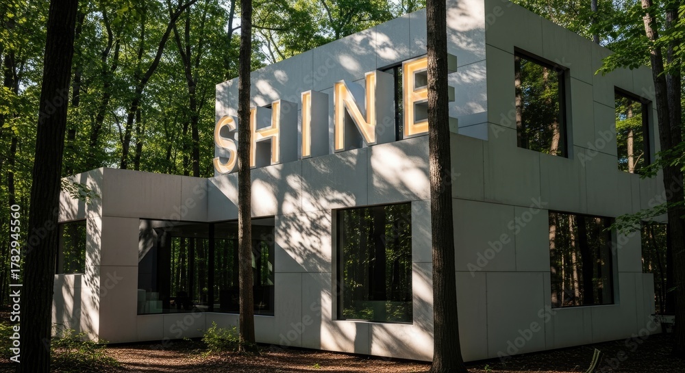 Obraz premium Modern home design in a secluded forest location with shine sign