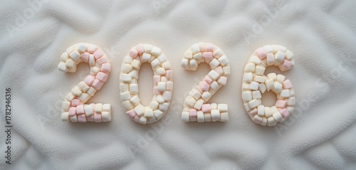 2026 Soft Sweets The numbers 2026 formed by tiny pink and white marshmallows, resting on a fluffy white blanket surface. Cute and sweet holiday concept image.