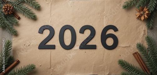 2026 Festive Vintage Black numbers on an aged kraft paper background, framed by pine branches, pine cones, and cinnamon sticks. Natural and rustic New Year's atmosphere image.