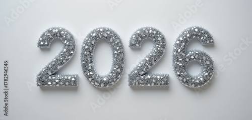 2026 Diamond Glitter The numbers 2026 covered in a shimmering silver diamond or glitter-like texture, set against a white background. Represents luxury and festive cheer for the new year.