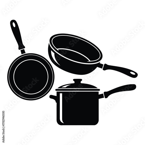 Kitchenware vector illustration showcasing frying pans and cooking pot silhouette