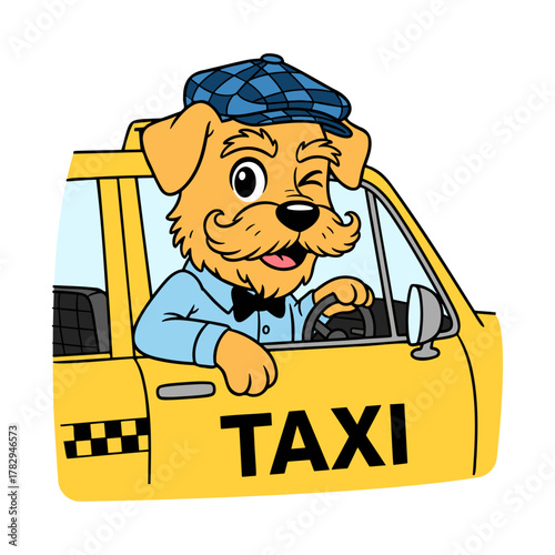 cartoon friendly dog taxi driver winks from yellow cab illustration