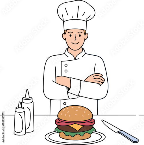 Cartoon chef with hamburger illustration, culinary arts character graphic, food preparation scene, stylized restaurant icon, cooking tutorial design, kitchen service concept