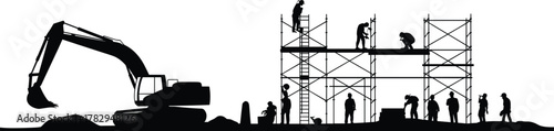 Construction site silhouette illustration, black and white worker and excavator icons, scaffolding activity graphic, teamwork infrastructure art, stylized building process design