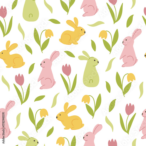 Happy Easter seamless vector pattern. Easter eggs, bunny, butterflies, and chicks in a creative repeating design. A repeating endless flat design in pastel colors.