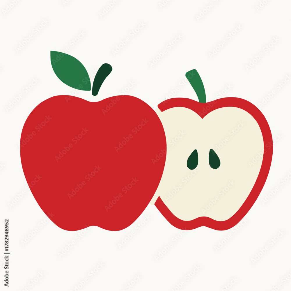 Fototapeta premium Flat Vector Apple Illustration Set. Whole and Sliced Fruit with Solid Color Blocks on White Background.